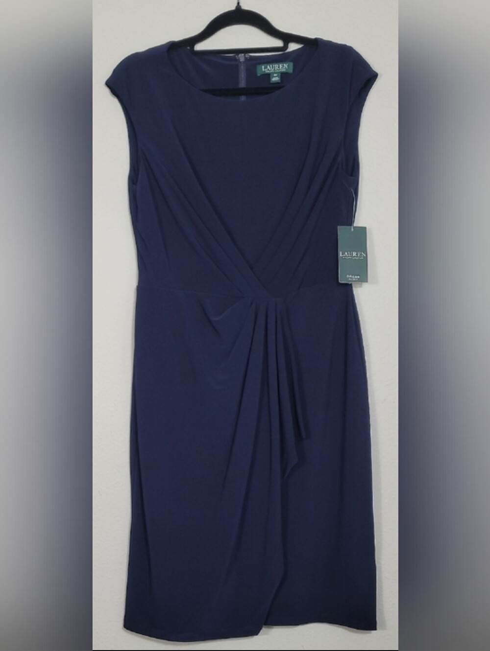 NWT Ralph Lauren Jersey Dress Size 8P Navy Blue Ruched Twist Front Classic Prepp